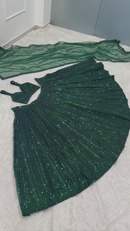 Designer Green Party Wear Net Lehenga with Rainbow Sequins and Can-Can