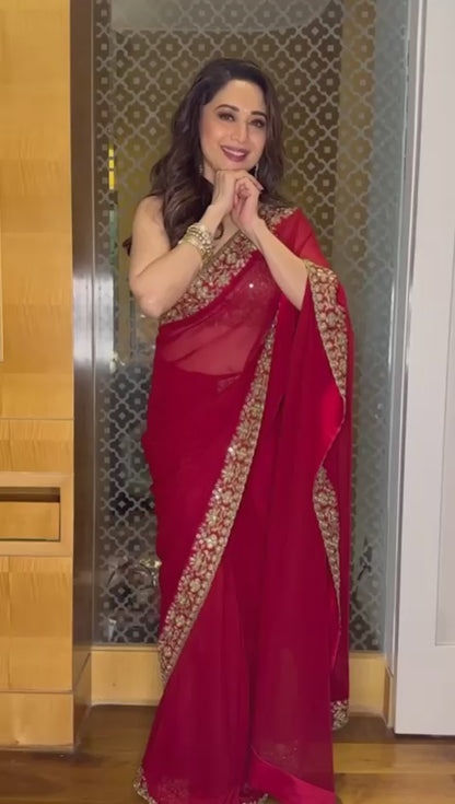 Bollywood Actress Madhuri Dixit Wear Red Saree