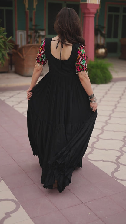 Kutchi Gamathi Work Cotton Black Flared Navratri Special Gown