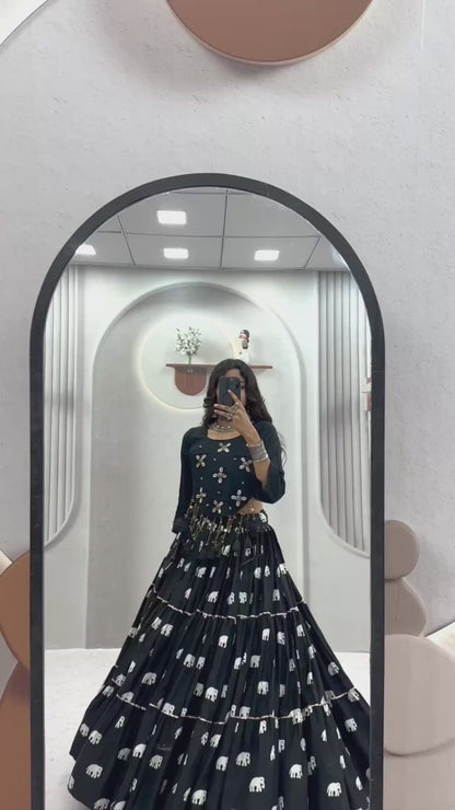 Black Pure Cotton Chaniya Choli with Hand Work Top and 9 Meter Flair Lehenga