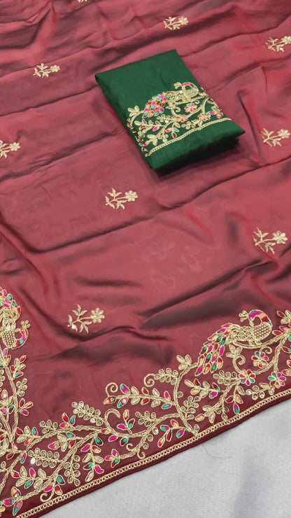 Maroon Embroidered Rangoli Silk Saree Set