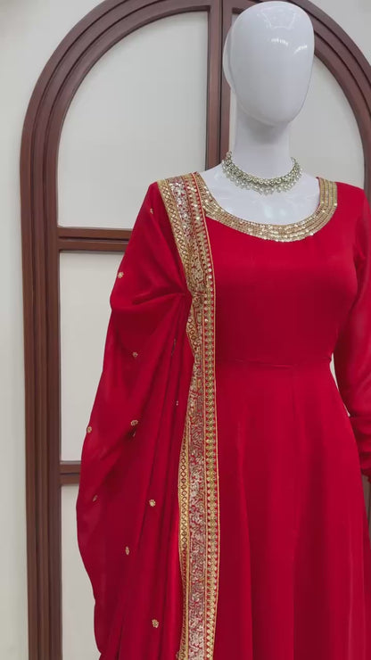 Red Vichitra Silk Gown Set with Thread and Sequin Work Elegant Festive Ethnic Wear