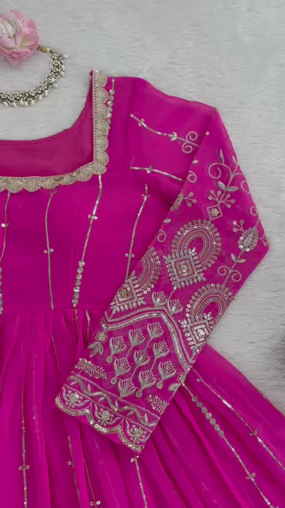 Festival Special Embroidered Georgette Pink Party Wear Stitched 3 Piece Set
