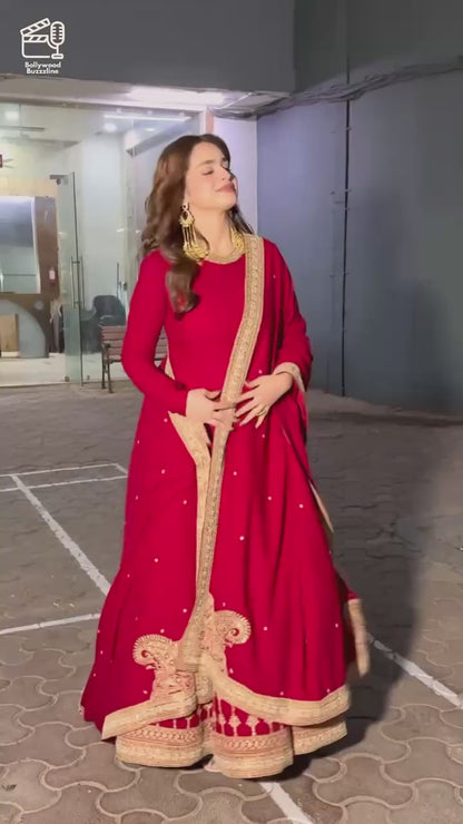 Red Vichitra Silk Gown Set with Thread and Sequin Work Elegant Festive Ethnic Wear