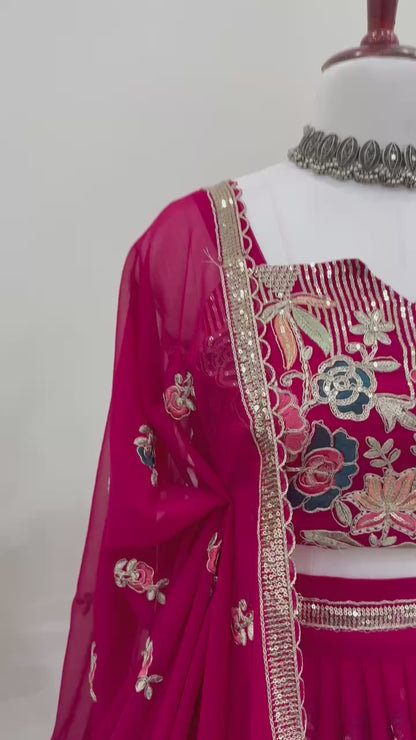 Rani Pink Chinon Silk Lehenga Choli with Thread and Sequin Work Traditional Indian Wedding Wear