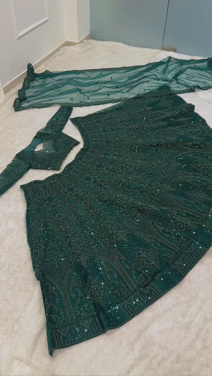 Emerald Green Net Lehenga Choli with Dori Sequin and Thread Embroidery for Wedding