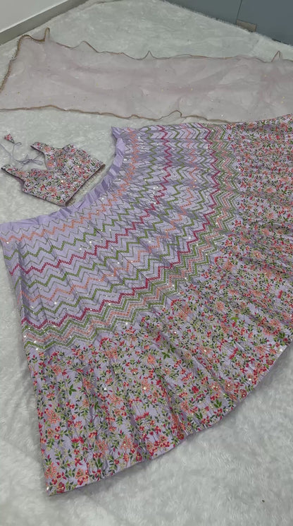 Designer Satin Silk Festive Wear lavender Lehenga Choli with Sequins and Thread Work Dupatta