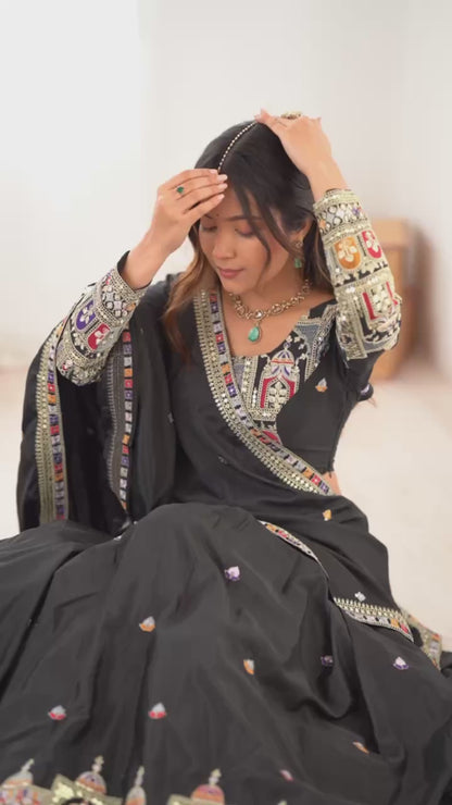 Premium Black Natural Crepe Silk Semi Stitched Lehenga Choli Set with Embroidered Dupatta for Navratri