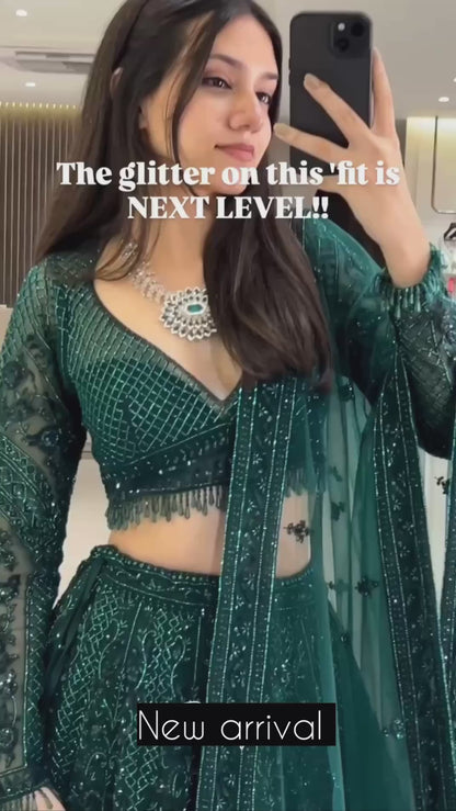 Emerald Green Net Lehenga Choli with Dori Sequin and Thread Embroidery for Wedding