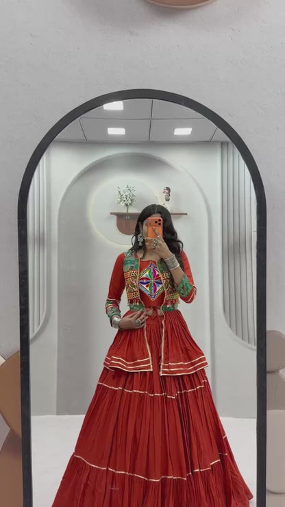 Navratri Pure Cotton Koti Chaniya Choli with Gamthi Work and Ribbon Lace Flared Lehenga