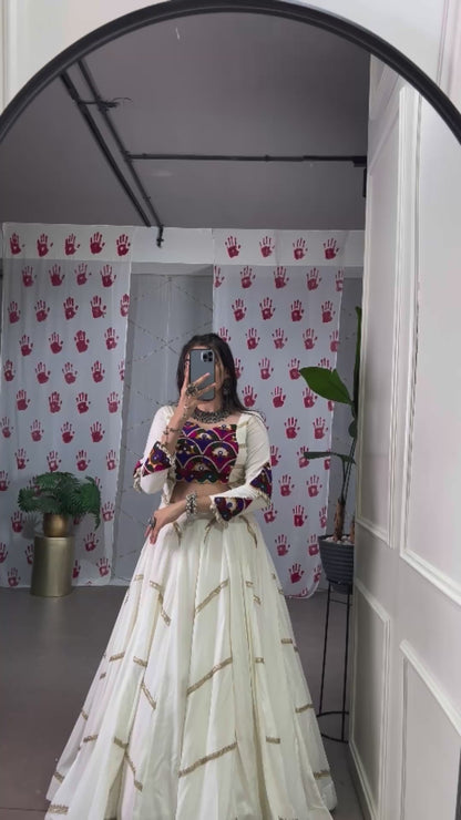 Pure Rayon Mirror Gamthi Work With Sequins Lace White Navratri Lehenga Choli