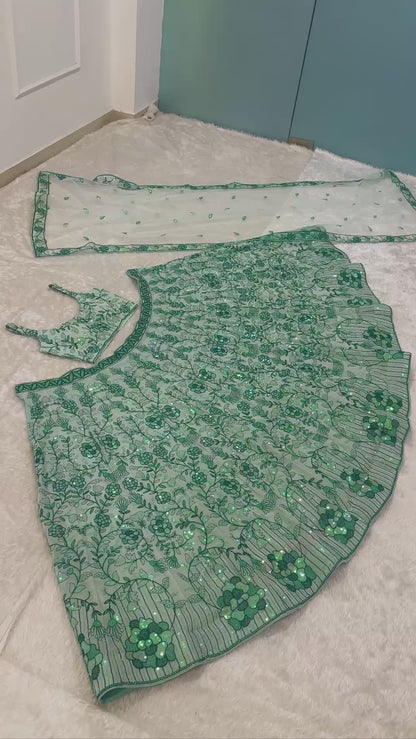 Green Georgette Rainbow Sequin Lehenga Choli with Net Dupatta for Women Wedding Festive Party Wear