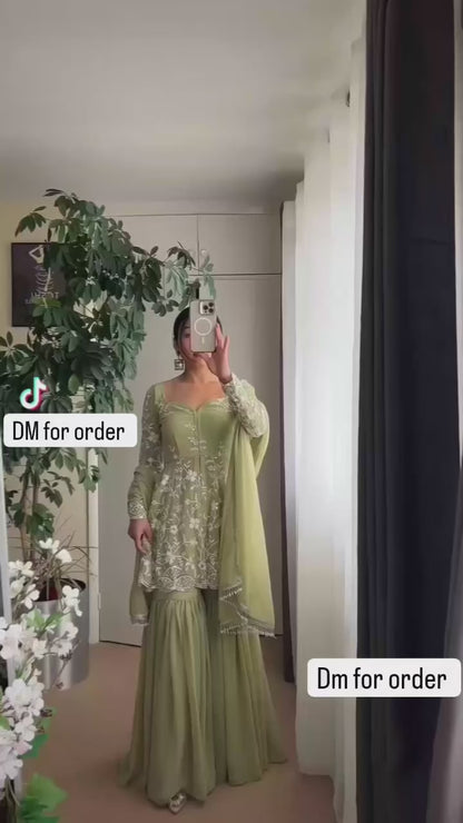 NEW DESIGNER WEAR HEAVY CHINE WORK TOP WITH SHARARA AND DUPATTA
